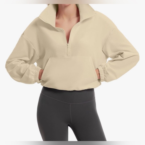 Quarter Zip Pullover Women Cropped Sweatshirt Long Sleeve w/Drawstring - Picture 2 of 7